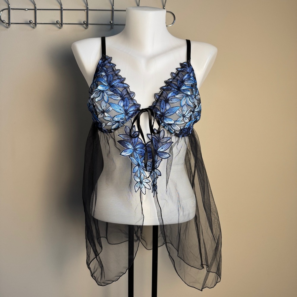 Victoria's Secret Babydoll Lingerie Black Blue Floral Embroidered Sheer Size XXL